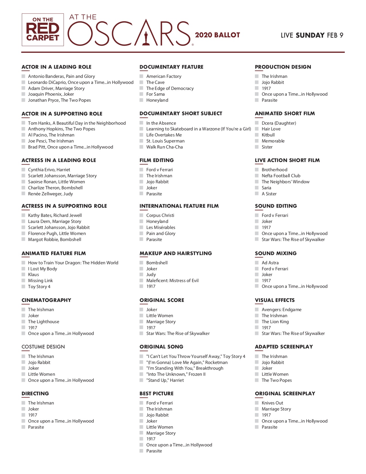 Oscar Nominations Printable List   Oscars2020 OTRC Ballot Generic 