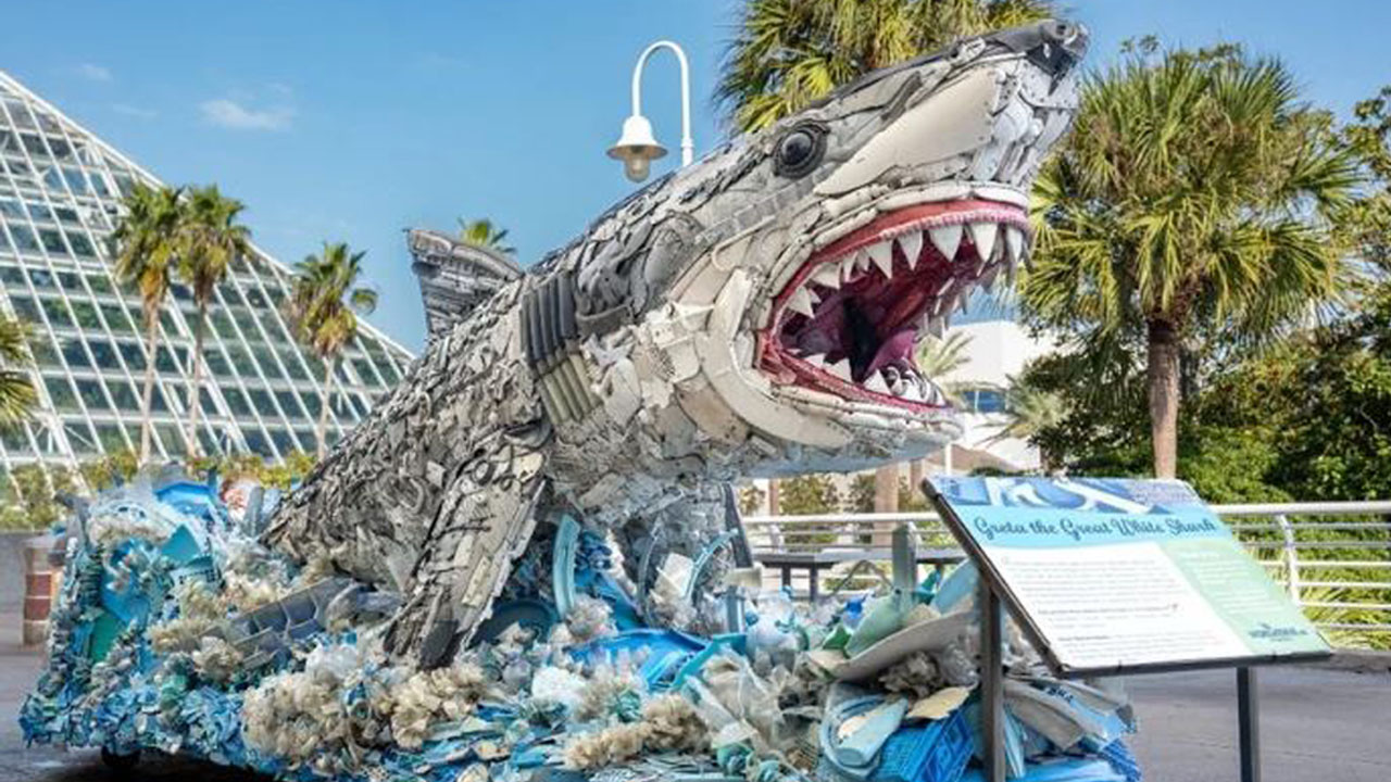 Galveston art exhibit displays giant sea creatures sculptures made of  recycled beach trash to educate public on pollution - ABC13 Houston, image size:1280x720